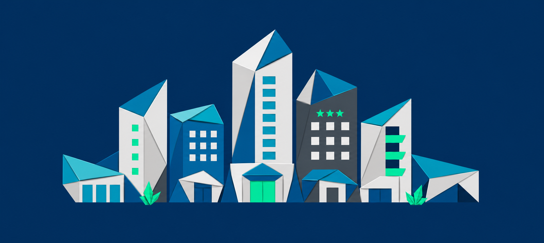 Origami Hotel Silhouettes on Dark Blue Background