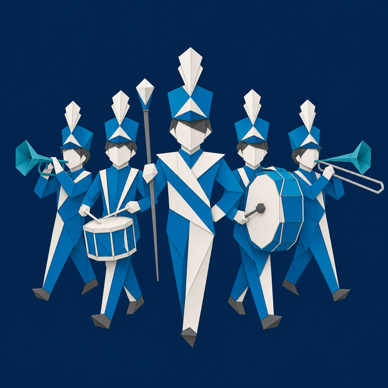 Youth Marching Band in Origami Style on Dark Blue Background