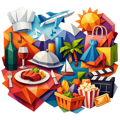 SimpliPerks-colorful-origamistyle-image-that-depicts-dining-entertainment-travel-cuisine-shopping-groceries